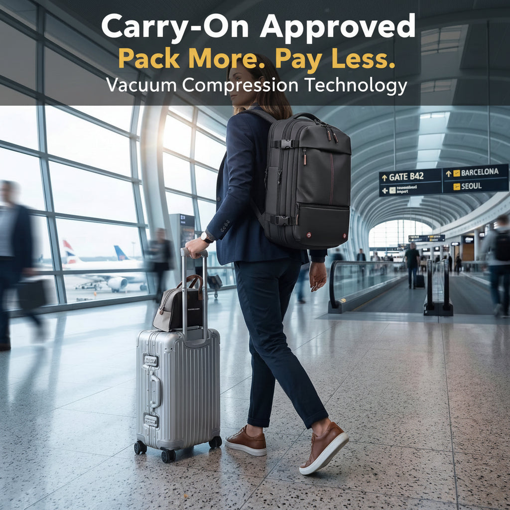Woman with a backpack and suitcase walking through an airport terminal.