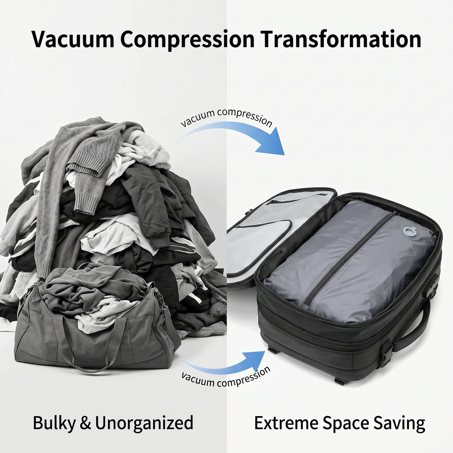Vacuum compression transformation of clothes from bulky to space-saving with text and arrows.