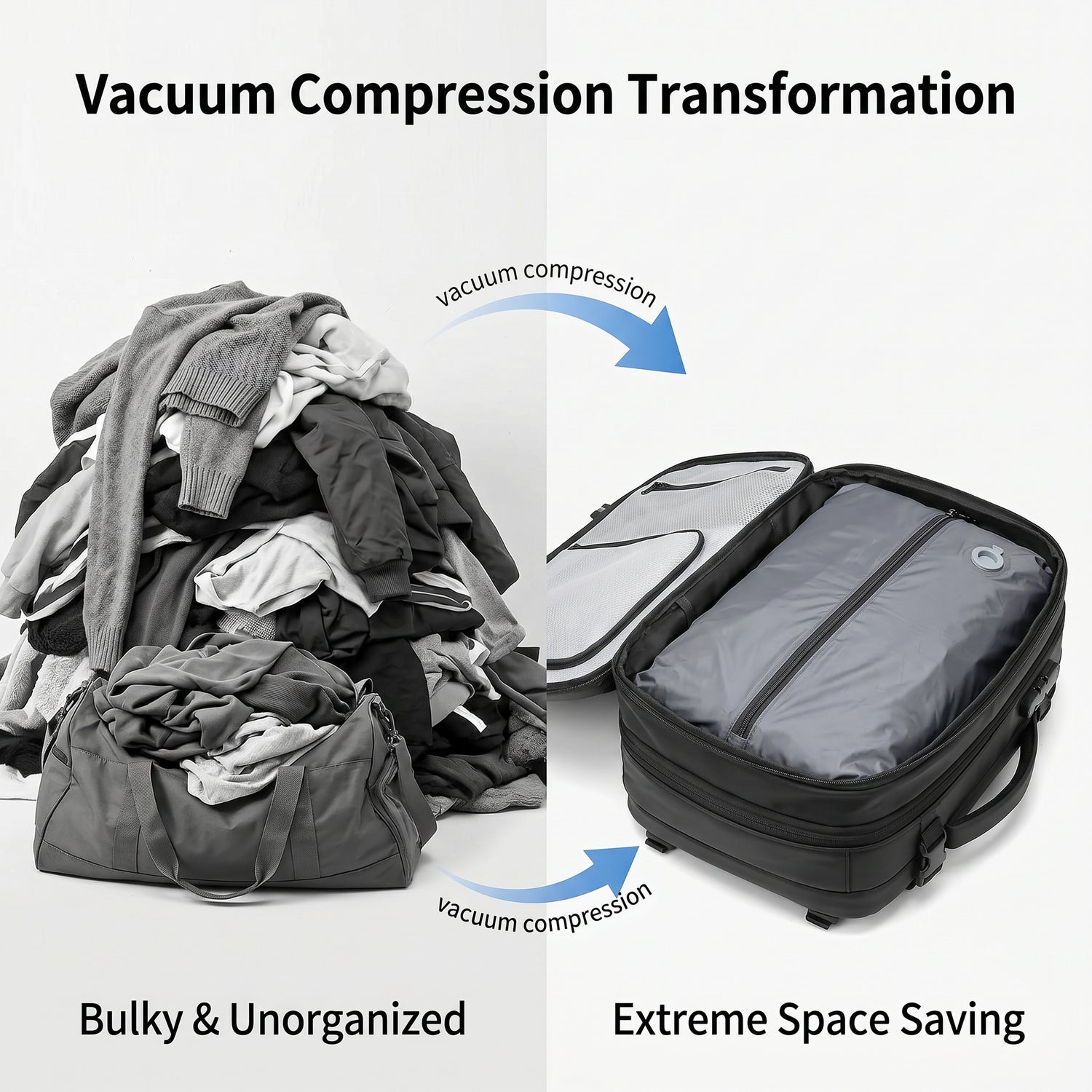 Vacuum compression transformation of clothes from bulky to space-saving with text and arrows.