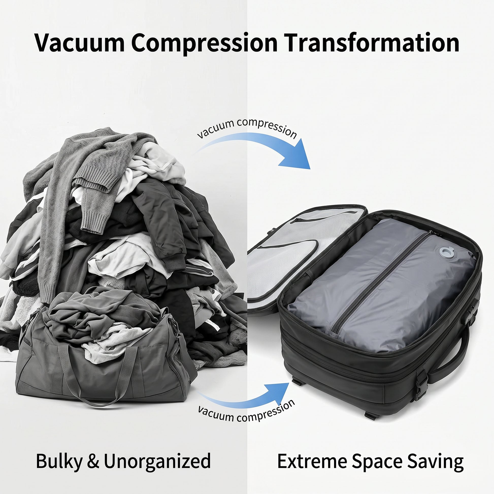 Vacuum compression transformation of clothes from bulky to space-saving with text and arrows.