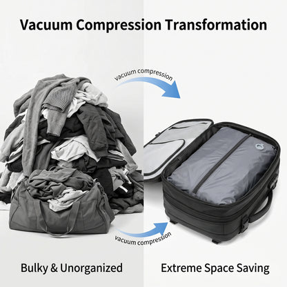 Vacuum compression transformation of clothes from bulky to space-saving with text and arrows.